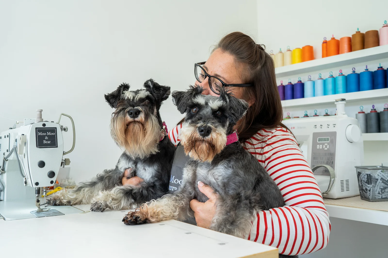 A dog groomer with two dogs, photographed by Steph